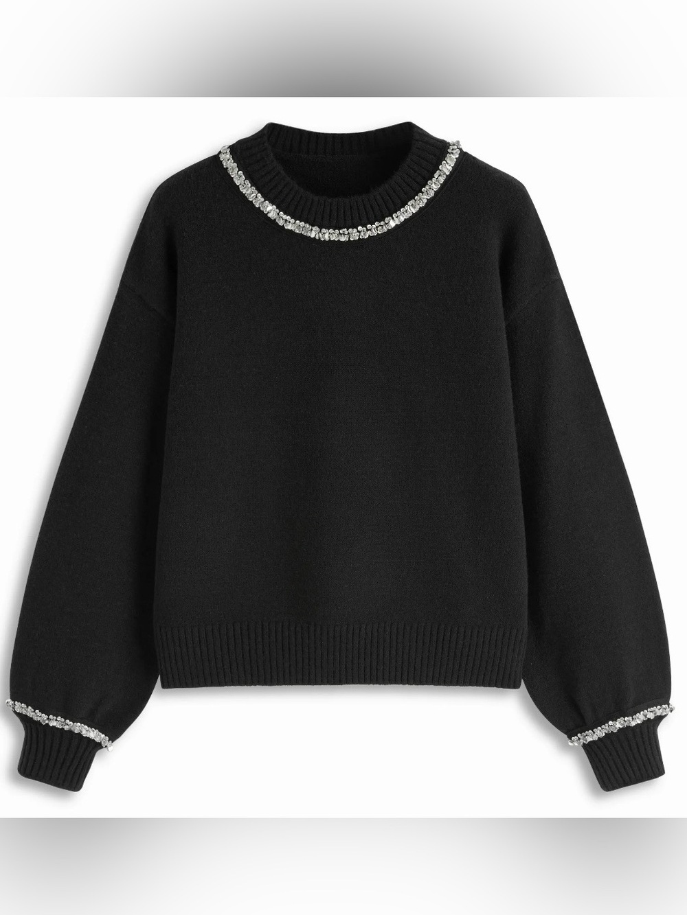 NWT - Cider Black Lantern Sleeved Sweater w Rhinestones & Sequin Detail
